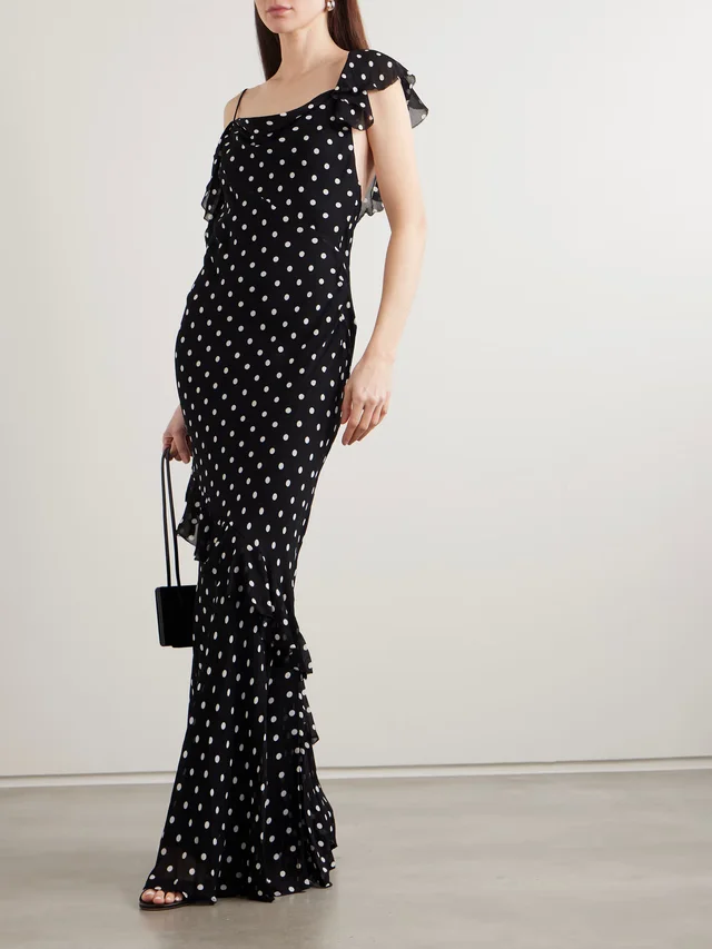 SELF-PORTRAIT One-shoulder asymmetric ruffled polka-dot georgette maxi dress in Black, photo 2 of 2 from NET-A-PORTER (Canada)