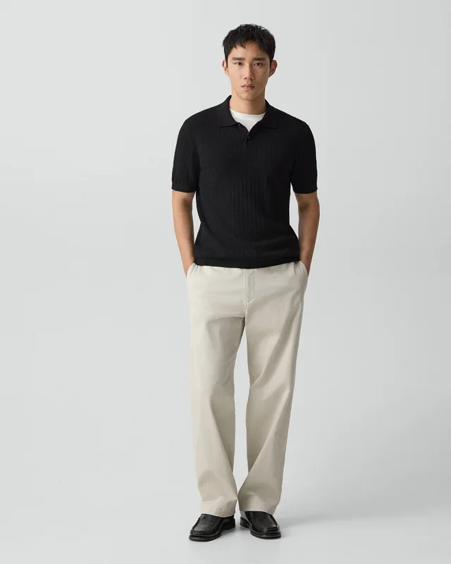 Theory Soris Cable-Knit Polo Shirt in Light Bilen in BLACK 62% Viscose, 38% Polyester; Exclusive Of Elastic, photo 5 of 14 from Theory