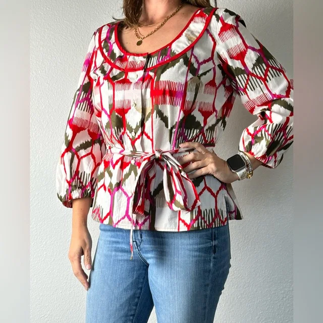 Escada Button Front Scoop Neck Blouse 3/4 Sleeves Ikat Artsy Colorful Eu 40 Us 8 in red from Poshmark