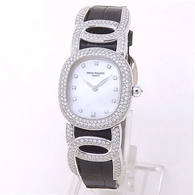 Patek Philippe Golden Ellipse Lady Quartz Diamond Ladies Watch 4832 in black|gold|white Leather from Jomashop.com