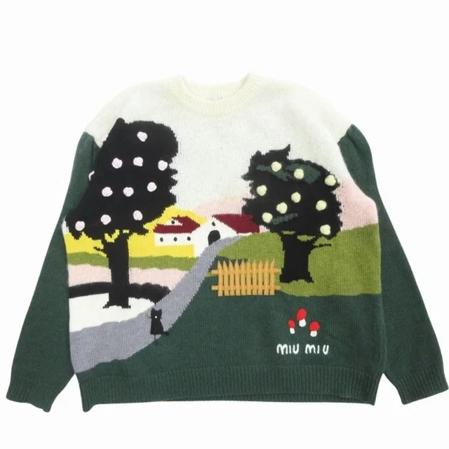 Miu Miu Landscape Intarsia Sweater Knit Top Long Sleeve Archive 40 Green White in White Wool from The Reluxe