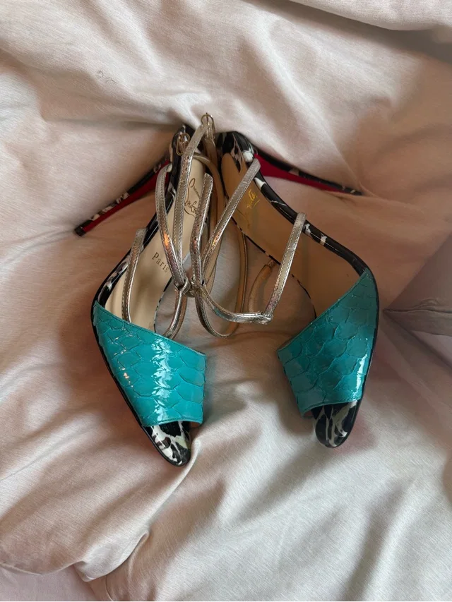 Christian Louboutin Women's Teal Snakeskin Open-Toe Ankle-Strap Heels in silver|blue|gray Python from Poshmark
