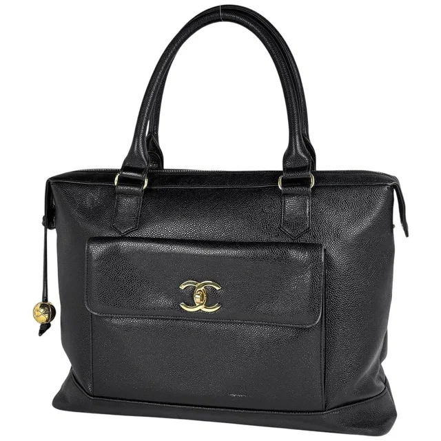 Chanel Tote Bag CC Logo Caviar Leather Black in Black Caviar leather from The Reluxe