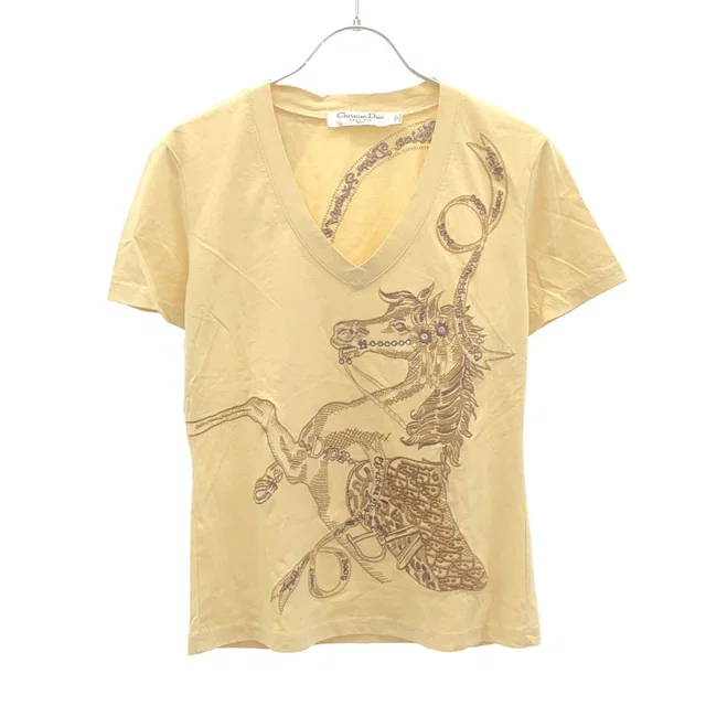 Dior Boutique Galliano Era Horse Embroidery V-neck T-Shirt Beige 42 in Beige from The Reluxe