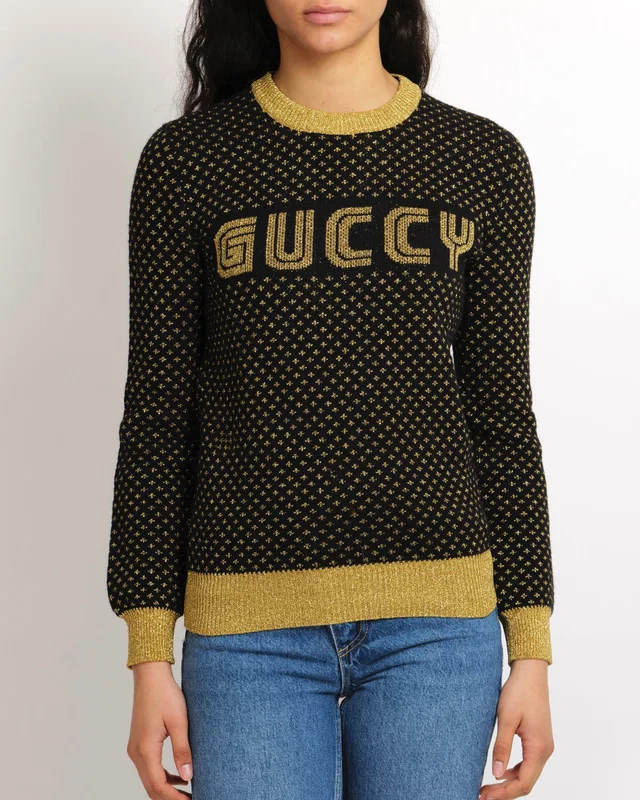 Gucci Black and Gold Wool Embellished "Guccy" Jumper Size XS (UK 6) in Black Wool from Sellier