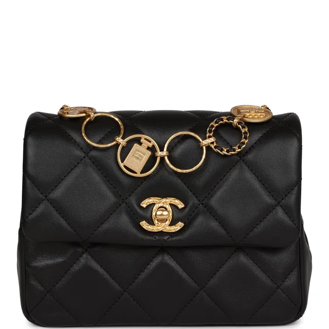 Chanel Mini Charms Flap Bag Black Lambskin Brushed Gold Hardware in Black Lambskin from Madison Avenue Couture