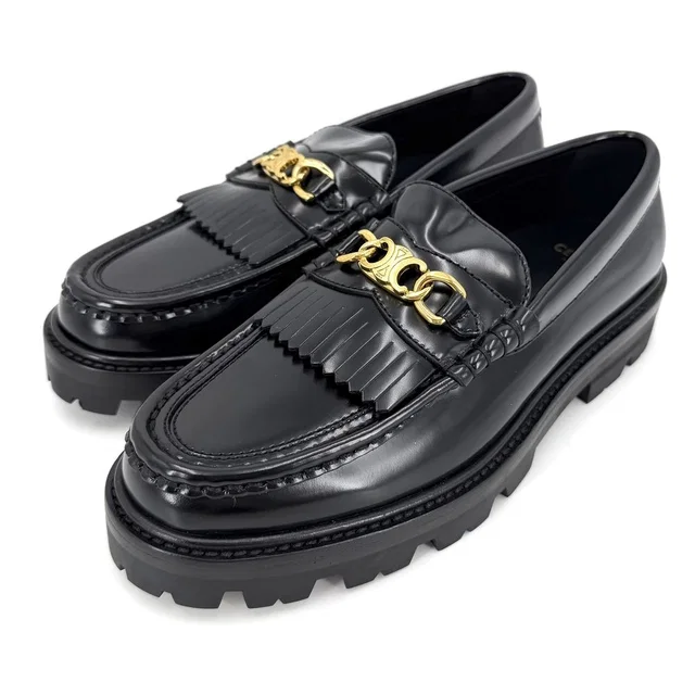 Celine Loafers Margaret Triomphe Shoes Fringe Leather Black Gold in Black Leather from The Reluxe