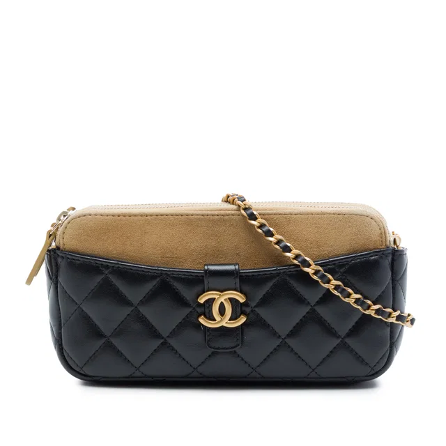 Brown Chanel CC Quilted Lambskin and Suede Double Zip Phone Holder With Chain Crossbody Bag in Brown Lambskin from Designer Revival