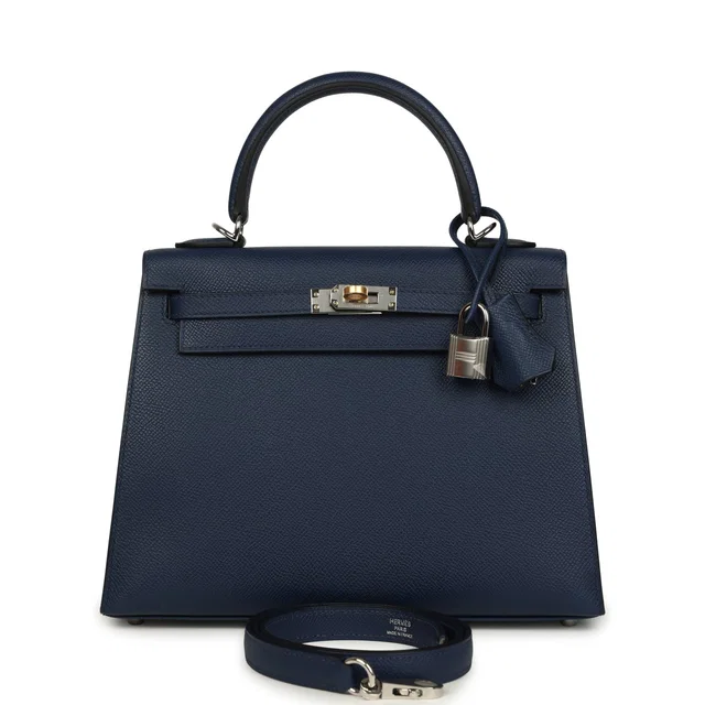 Hermès Kelly Sellier 25 Bleu Navy Epsom Electrum Hardware in Navy Epsom leather from Madison Avenue Couture