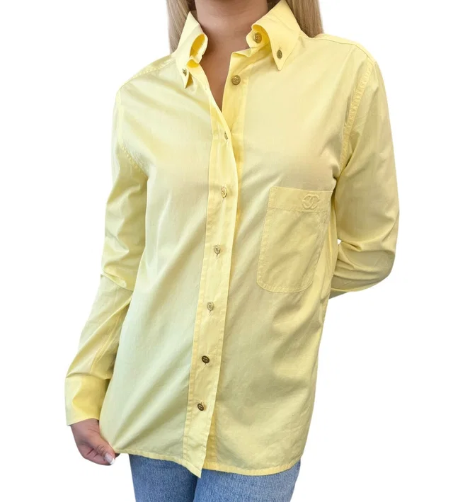 Chanel Vintage PO4946 CC Mark Logo Shirt Top #36 Button Up Yellow Gold Cotton in Yellow from Luxury Promise