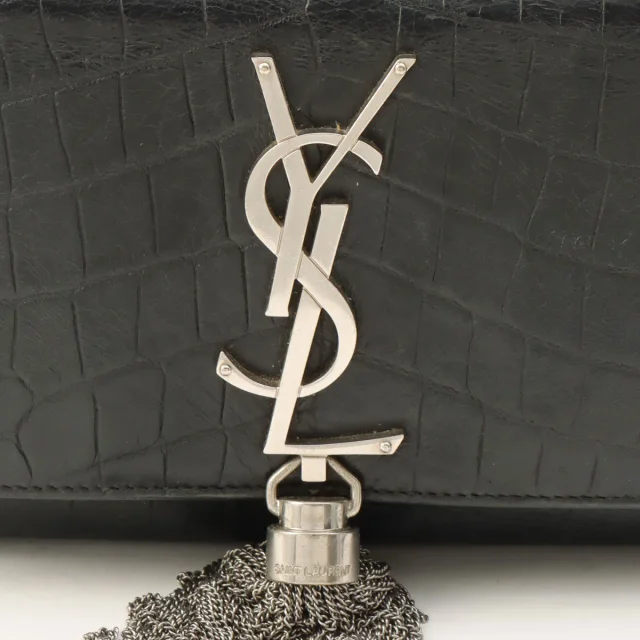 Saint Laurent Croco Embossed Kate Tassel Small Chain Shoulder Bag Black in Black Leather from VINTAGE QOO TOKYO, photo 7 of 14