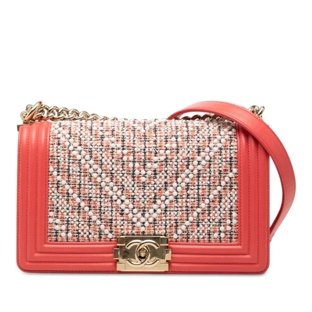 Pink Chanel Small Chevron Tweed and Lambskin Pearl Boy Flap Crossbody Bag in Pink Lambskin from Designer Revival