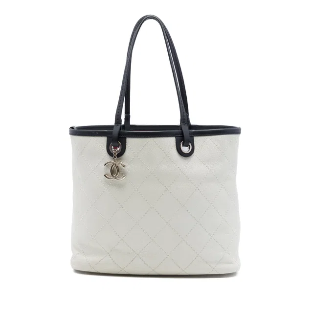 White Chanel Quilted Caviar Shopping Fever Tote in White Caviar leather from Designer Revival