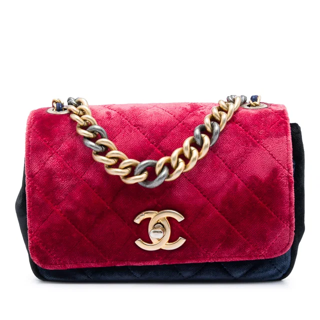 Red Chanel Paris Cosmopolite Small Tricolor Quilted Velvet Private Affair Camellia Flap Satchel in Red Velvet from Designer Revival
