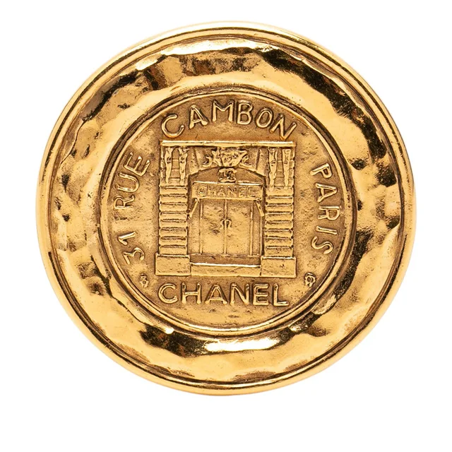 Gold Chanel Gold Plated 31 Rue Cambon Round Brooch in Gold from Designer Revival