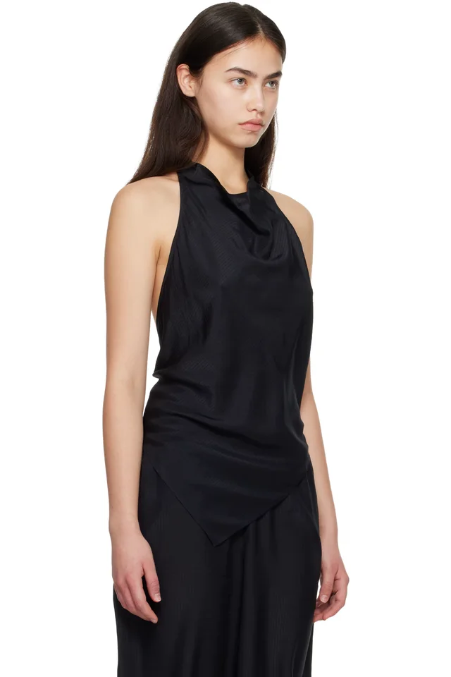 St. Agni Black Silk Grid Halter Top, photo 2 of 4 from SSENSE