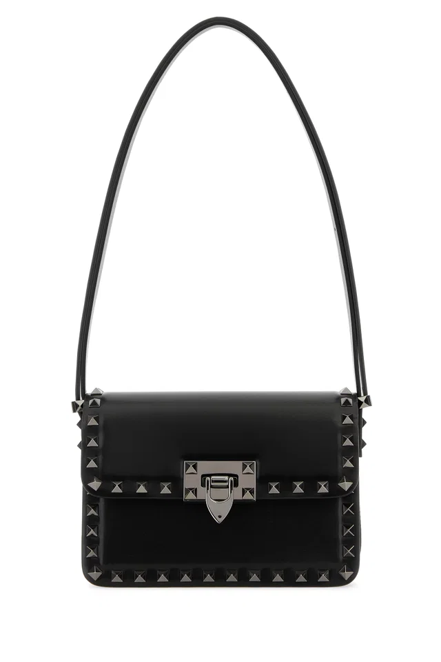 Valentino Garavani Pyramid Studded Leather Shoulder Bag — Black in Black Leather from HEWI