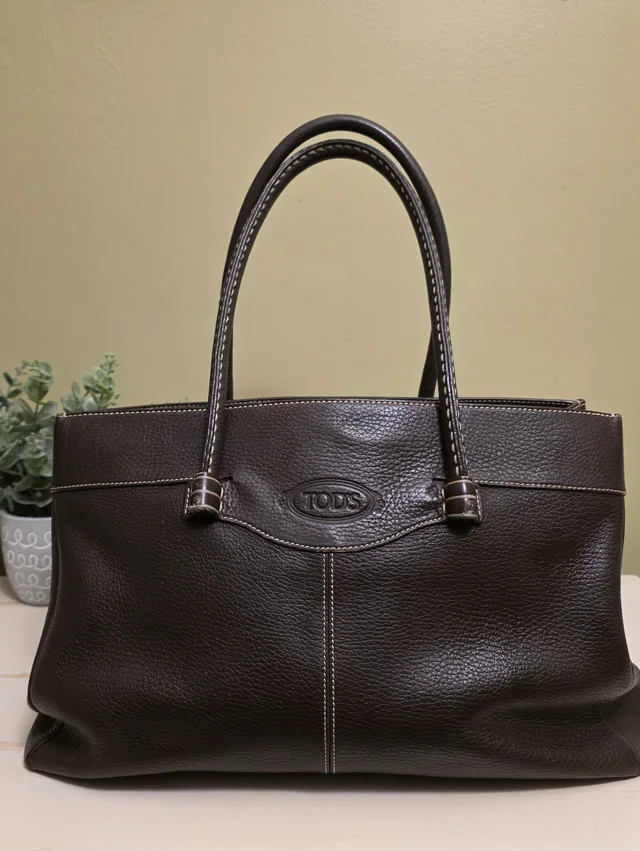 Tod's Vintage Dark Brown Mocassino Pebbled Calfskin Leather Tote Bag in brown|red Calfskin from Poshmark