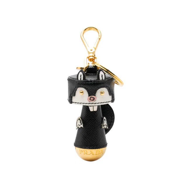 Black Prada Saffiano Robot Beaver Bag Charm and Key Chain in Black Saffiano leather from Designer Revival