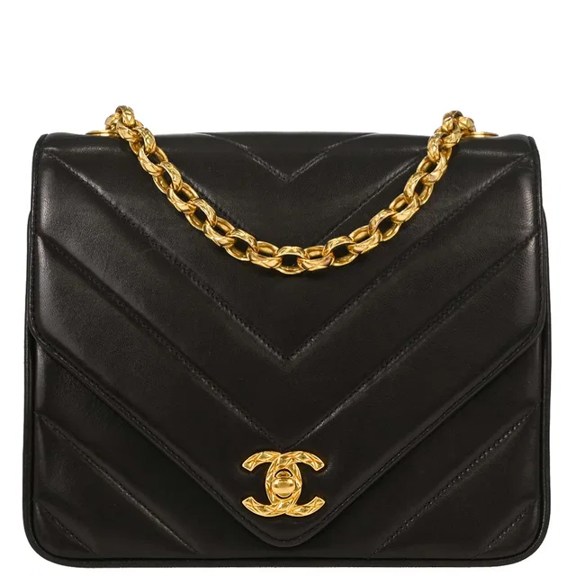 Chanel 1991-1994 Black Lambskin Chevron Shoulder Bag in Black Lambskin from AMORE Vintage Tokyo