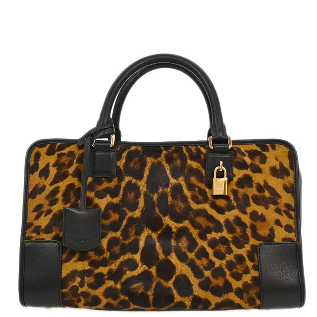 Loewe Black Brown Pony Hair Leopard Amazona 36 Handbag in Black Leather from AMORE Vintage Tokyo