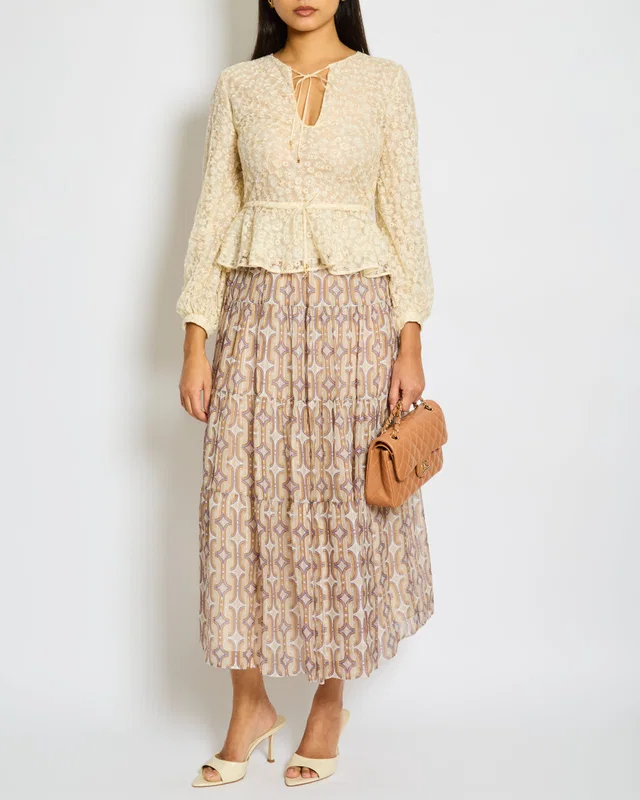 Celine Taupe Brown Gold Silk Geometric Print Midi Skirt Size FR 34 (UK 6) in Taupe Silk from Sellier