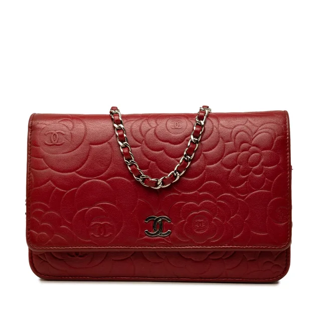 Red Chanel CC Embossed Lambskin Camellia Wallet On Chain Crossbody Bag in Red Lambskin from Designer Revival