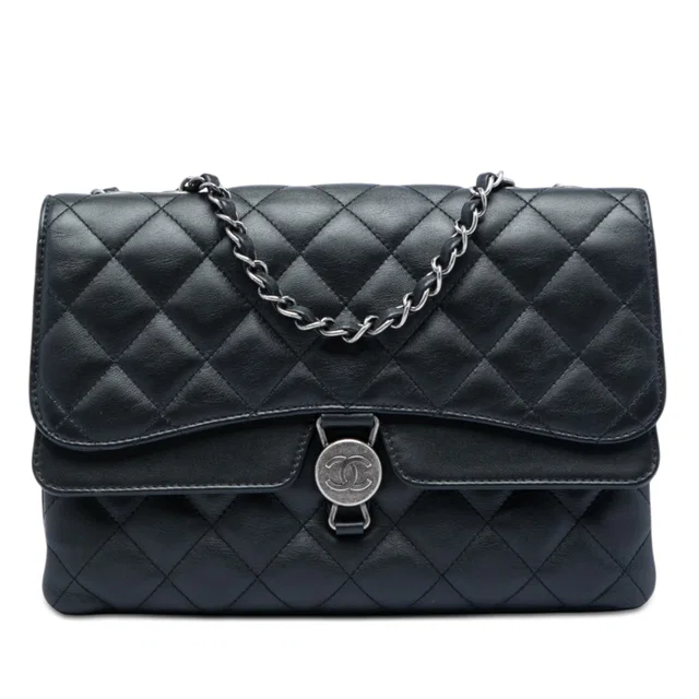 Black Chanel Quilted Lambskin CC Round Clasp Accordion Flap Shoulder Bag in Black Lambskin from Designer Revival