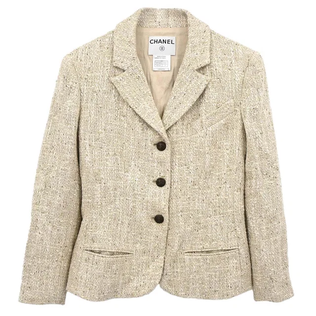 Chanel 2003 Single Breasted Jacket Tweed Beige #38 in Beige Tweed from AMORE Vintage Tokyo