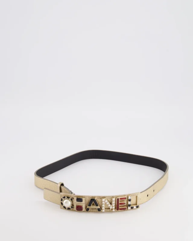 Chanel Metallic Silver Leather Belt with Multi-Coloured Rhinestone Embellished Logo Buckle 75cm in Silver Leather from Sellier, photo 4 of 5