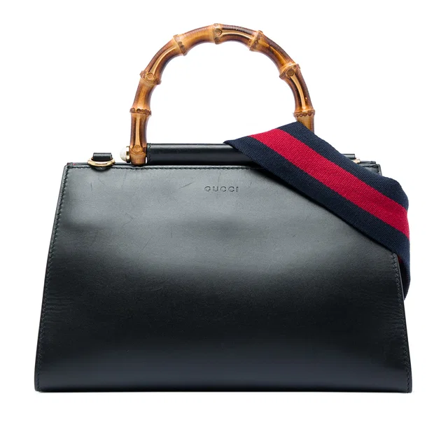 Black Gucci Small Calfskin Bamboo Web Nymphaea Satchel in Black Calfskin from Designer Revival