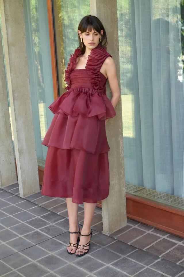 AJE Asra Pleated Frill Midi Dress in Red from Aje, photo 1 of 1