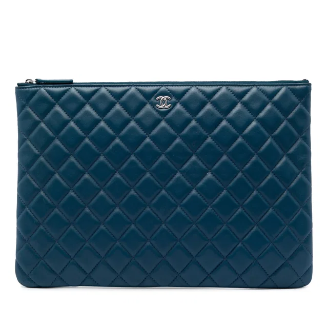 Blue Chanel Large Quilted Lambskin O Case Clutch in Blue Lambskin from Designer Revival