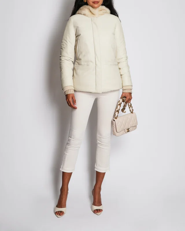 Loro Piana Beige Mink Hooded Cashmere and Leather Puffer Coat Size IT 40 (UK 8) in Beige Cashmere from Sellier