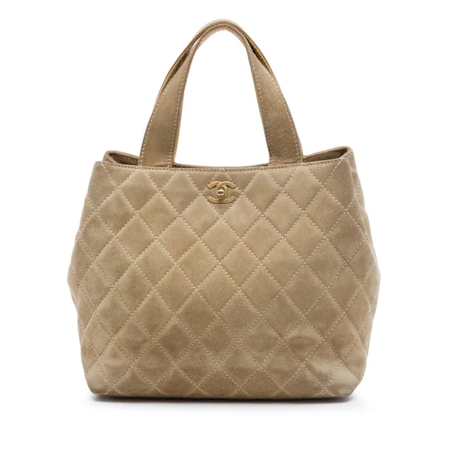 Beige Chanel Mini CC Quilted Suede Shopping Tote Satchel in Beige Suede from Designer Revival