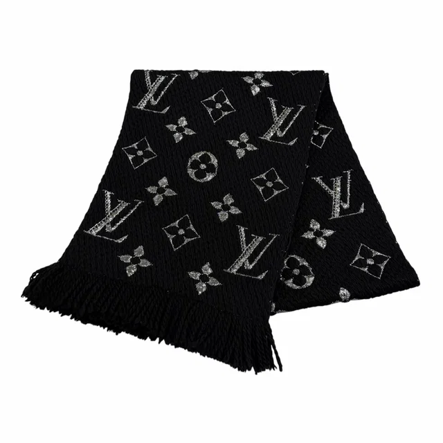 Louis Vuitton Echarpe Logomania Shine Wool Silk Blend Scarf With Fringe Black in Black Silk from The Reluxe