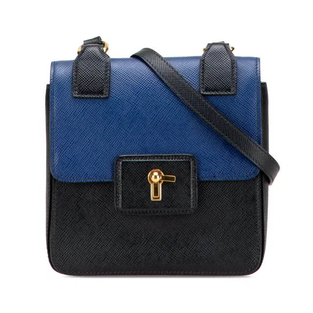 Black Prada Bicolor Saffiano Cuir Flap Crossbody in Black Saffiano leather from Designer Revival