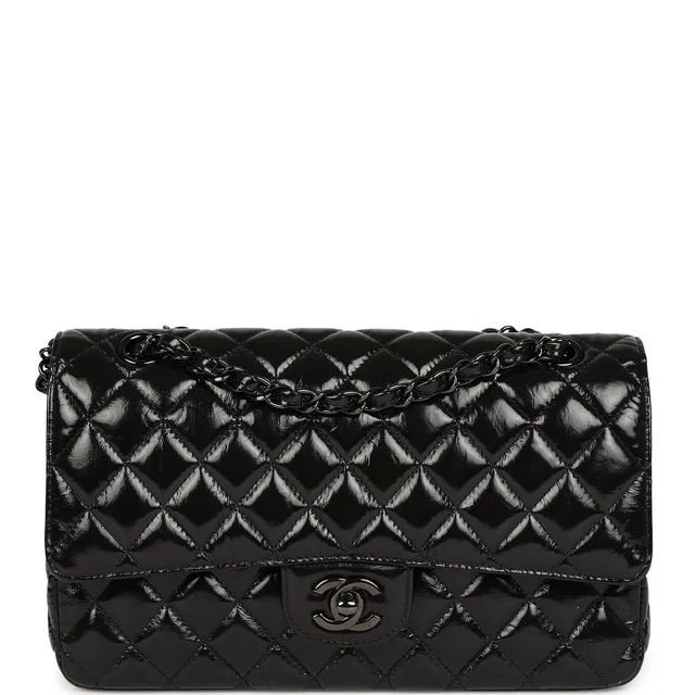Chanel Medium Classic Double Flap Bag So Black Shiny Aged Calfskin Black Hardware in Black Calfskin from Madison Avenue Couture