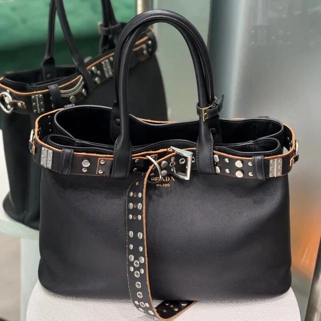 Prada Buckle Large Leather Bag with Studded Belt in Leather from Revivre Luxury Consignment