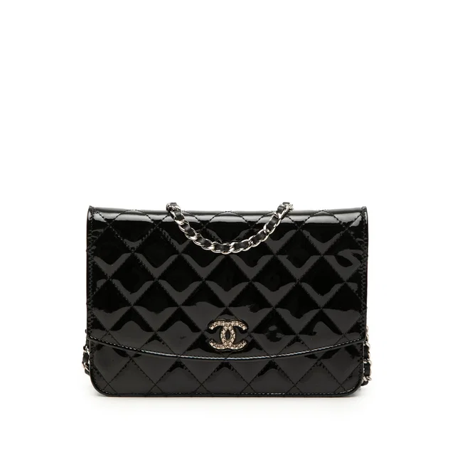 Black Chanel CC Quilted Patent Brilliant Wallet On Chain Crossbody Bag in Black Patent leather from Designer Revival