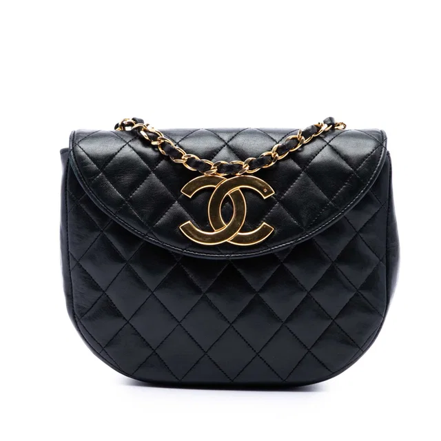 Black Chanel XL CC Quilted Lambskin Round Flap Crossbody Bag in Black Lambskin from Designer Revival