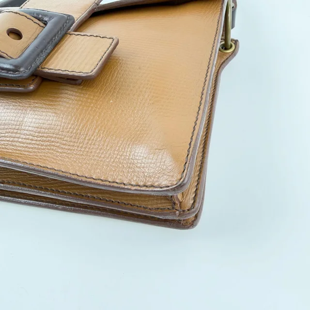 Miu Miu Square Buckle Shoulder Bag Leather Camel Brown Gold Vintage in Brown Leather from The Reluxe, photo 2 of 2