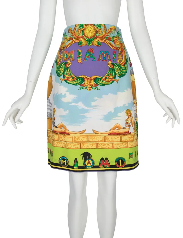 Versace Vintage SS 1993 Iconic Miami Novelty Print Denim Skirt in Denim from Amarcord Vintage Fashion
