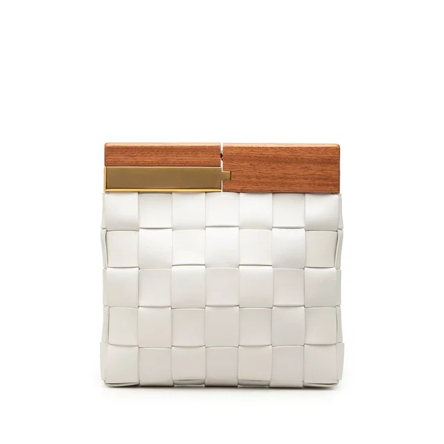 White Bottega Veneta Lambskin Maxi Intrecciato The Snap Clutch in White Lambskin from Designer Revival