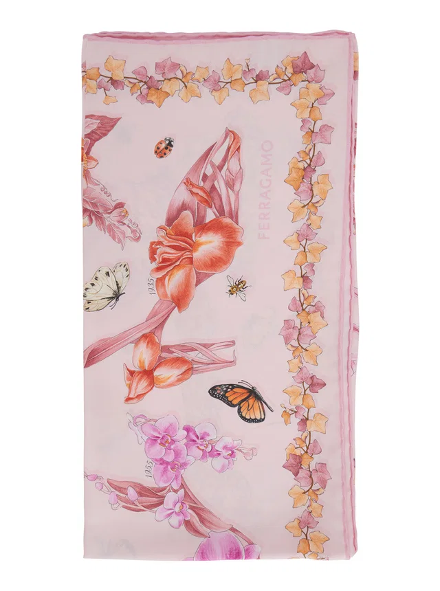Ferragamo Floral-Printed Silk Scarf — Pink Scarfs in Pink Silk from HEWI