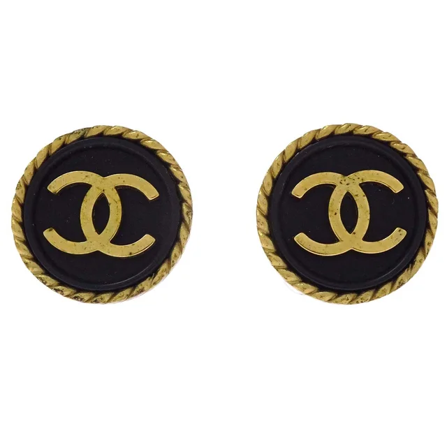 Chanel Button Clip-On Earrings Gold Black 95P in Black from AMORE Vintage Tokyo