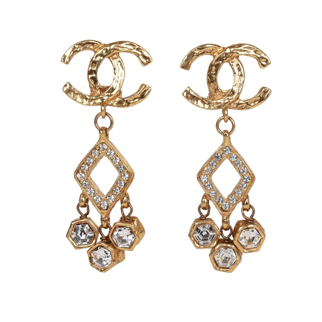 Chanel Vintage 24K Gold Plated Textured CC and Rhinestone Chandelier Clip Earrings in Gold from Madison Avenue Couture