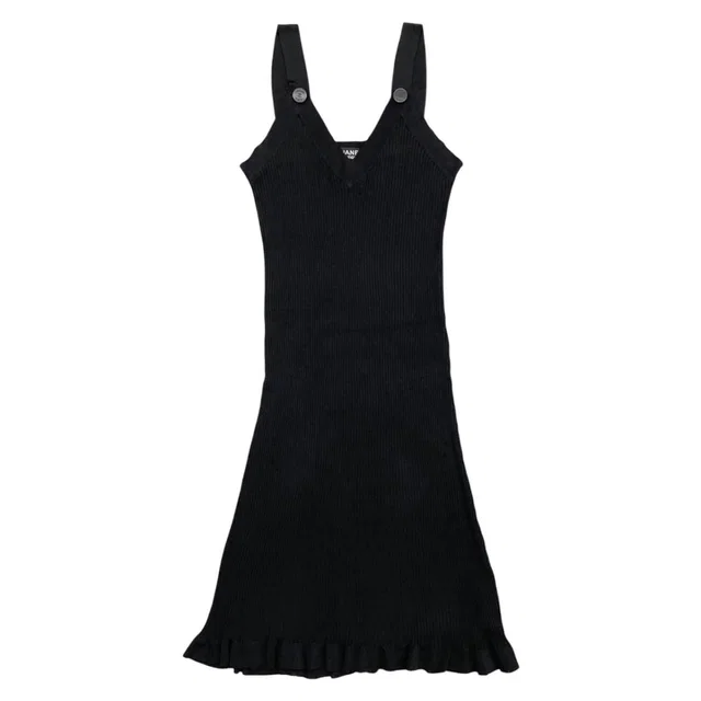 Chanel Sleeveless Dress Rib Knit 38 Viscose CC Logo Button Black in Black from The Reluxe