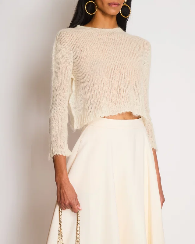 Prada Cream Mohair Cropped Long Sleeve Jumper with Plaque Logo Detail Size IT 38 (UK 6) in White Wool from Sellier