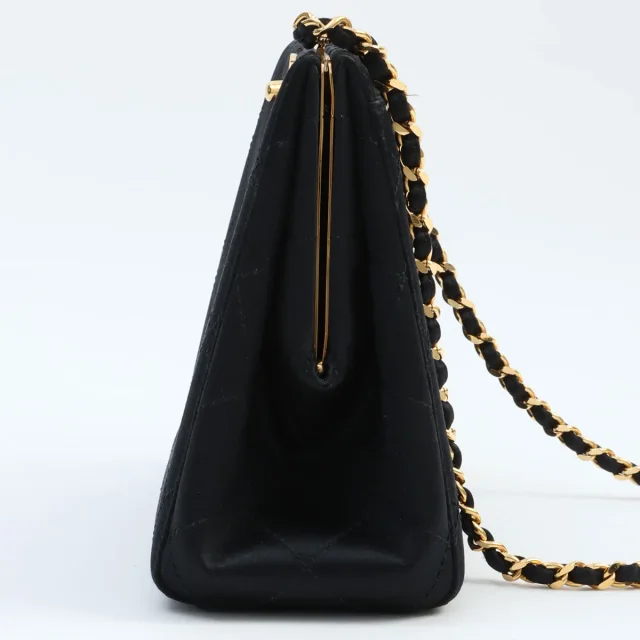 Chanel Ca. 1998 Silk Satin Matelassé Stitch CC Turn-Lock Chain Bag Black in Black Satin from VINTAGE QOO TOKYO, photo 4 of 12